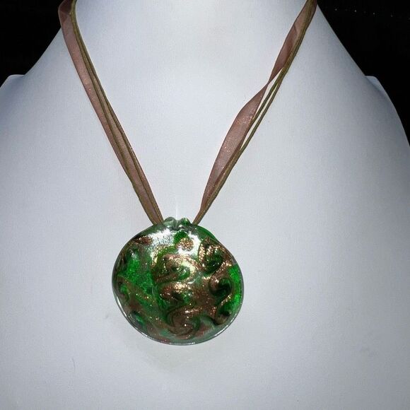 Art Glass Glitter Circle Pendant on Ribbon and Cord Necklace - Picture 1 of 9